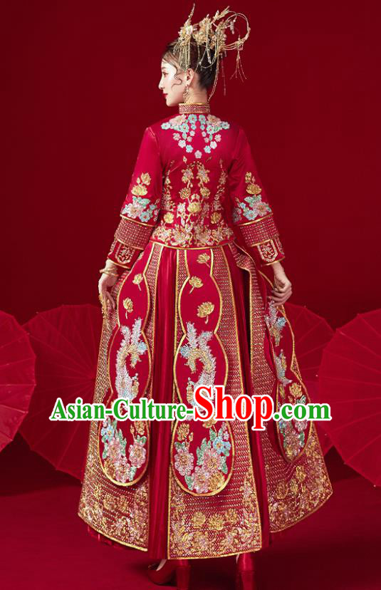 Chinese Traditional Ancient Bride Drilling Phoenix Embroidered Costumes Red Xiu He Suit Wedding Blouse and Dress Bottom Drawer for Women