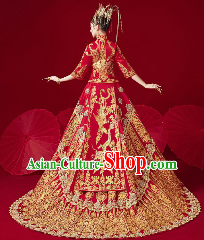 Chinese Traditional Ancient Bride Drilling Embroidered Dragon Costumes Red Xiu He Suit Wedding Blouse and Dress Bottom Drawer for Women