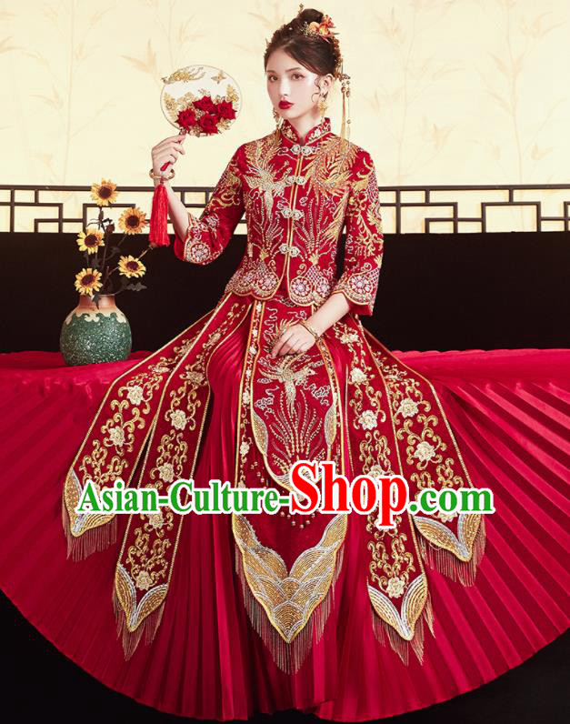 Chinese Traditional Ancient Bride Drilling Embroidered Phoenix Costumes Red Xiu He Suit Wedding Blouse and Dress Bottom Drawer for Women