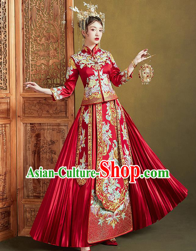 Chinese Ancient Bride Embroidered Drilling Flowers Costumes Red Xiu He Suit Wedding Blouse and Dress Traditional Bottom Drawer for Women