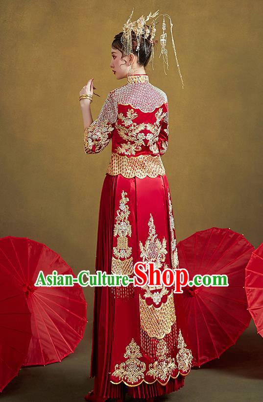 Chinese Ancient Bride Embroidered Costumes Diamante Red Xiu He Suit Wedding Blouse and Dress Traditional Bottom Drawer for Women