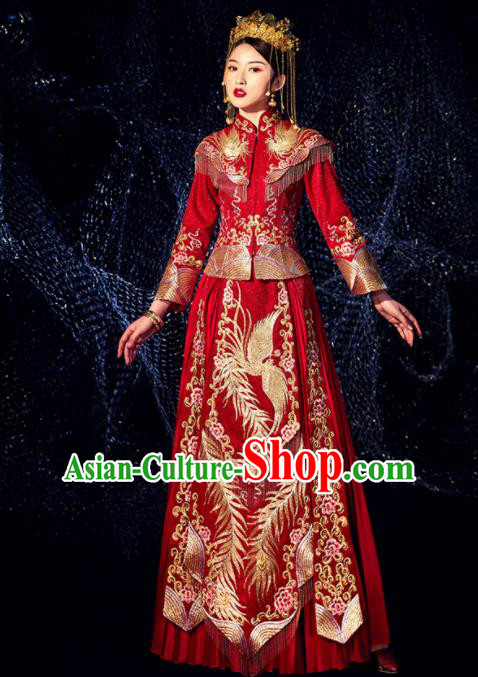Chinese Ancient Bride Embroidered Phoenix Peony Costumes Diamante Red Xiu He Suit Wedding Blouse and Dress Traditional Bottom Drawer for Women