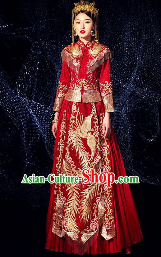 Chinese Ancient Bride Embroidered Phoenix Peony Costumes Diamante Red Xiu He Suit Wedding Blouse and Dress Traditional Bottom Drawer for Women