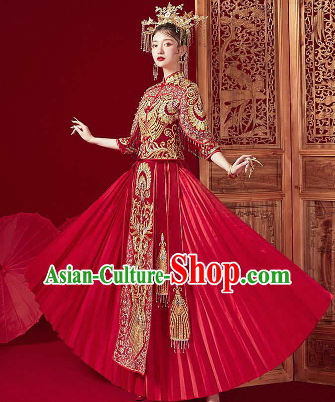 Chinese Traditional Ancient Bride Golden Drilling Embroidered Costumes Red Xiu He Suit Wedding Blouse and Dress Bottom Drawer for Women