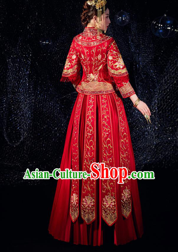 Chinese Ancient Bride Embroidered Lotus Costumes Diamante Red Xiu He Suit Wedding Blouse and Dress Traditional Bottom Drawer for Women