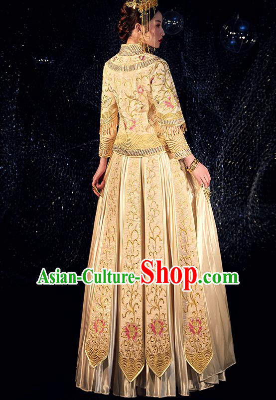 Chinese Ancient Bride Embroidered Lotus Costumes Diamante Golden Xiu He Suit Wedding Blouse and Dress Traditional Bottom Drawer for Women