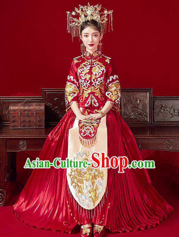 Chinese Traditional Ancient Bride Embroidered Costumes Red Xiu He Suit Wedding Blouse and Dress Bottom Drawer for Women