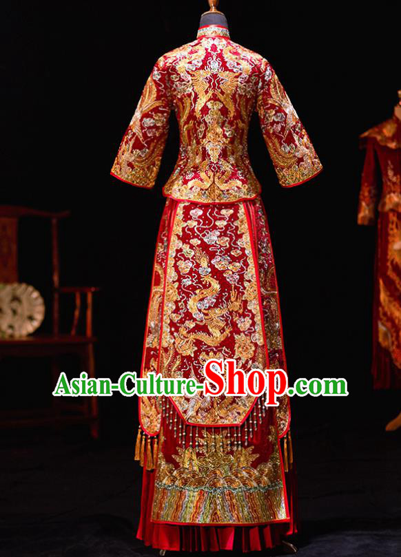 Chinese Ancient Bride Embroidered Phoenix Costumes Diamante Xiu He Suit Wedding Blouse and Dress Traditional Bottom Drawer for Women