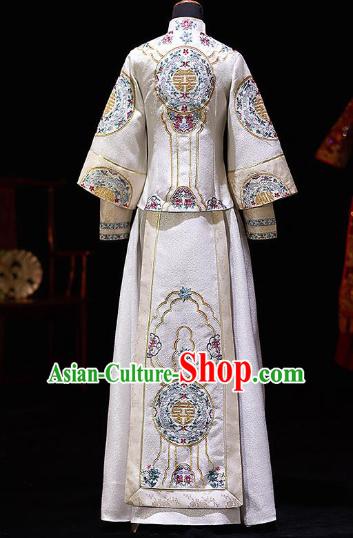 Chinese Ancient Bride Embroidered White Costumes Diamante Xiu He Suit Wedding Blouse and Dress Traditional Bottom Drawer for Women