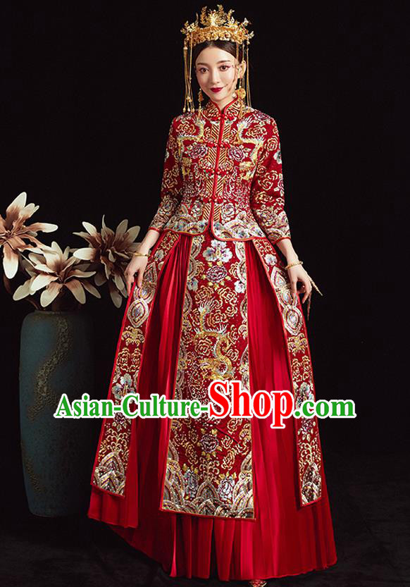 Chinese Ancient Bride Embroidered Costumes Diamante Dragon Red Xiu He Suit Wedding Blouse and Dress Traditional Bottom Drawer for Women