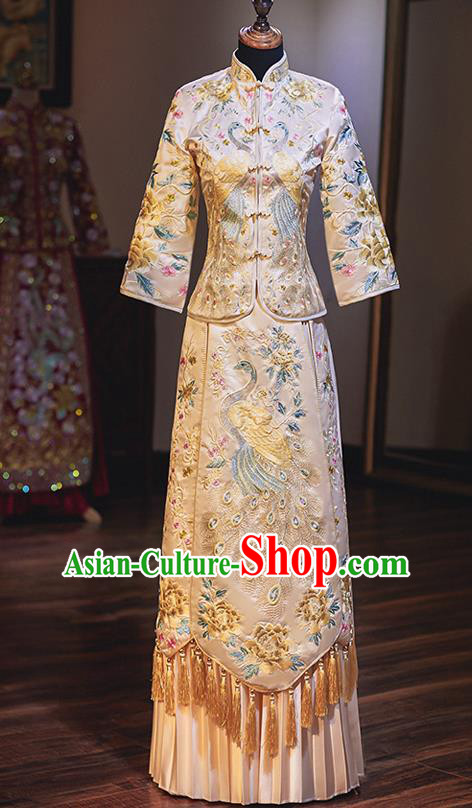 Chinese Ancient Bride Embroidered Peacock White Costumes Diamante Xiu He Suit Wedding Blouse and Dress Traditional Bottom Drawer for Women