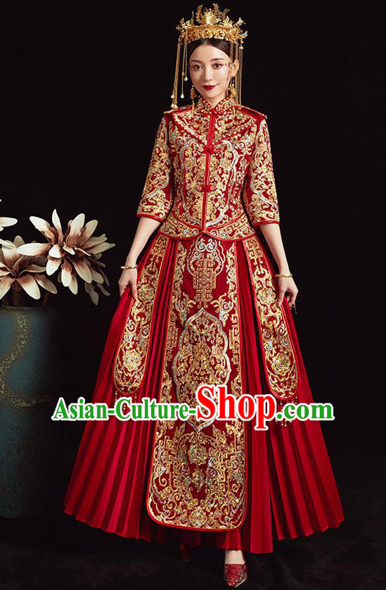 Chinese Ancient Bride Embroidered Peony Red Costumes Diamante Xiu He Suit Wedding Blouse and Dress Traditional Bottom Drawer for Women