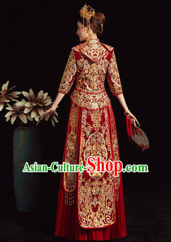 Chinese Ancient Bride Embroidered Peony Red Costumes Diamante Xiu He Suit Wedding Blouse and Dress Traditional Bottom Drawer for Women