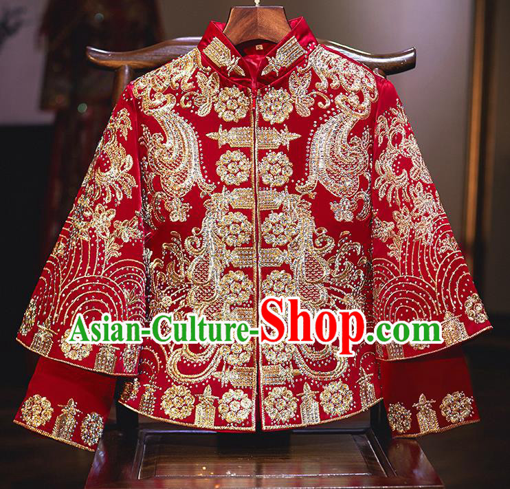 Chinese Ancient Bride Embroidered Red Costumes Diamante Xiu He Suit Wedding Blouse and Dress Traditional Bottom Drawer for Women
