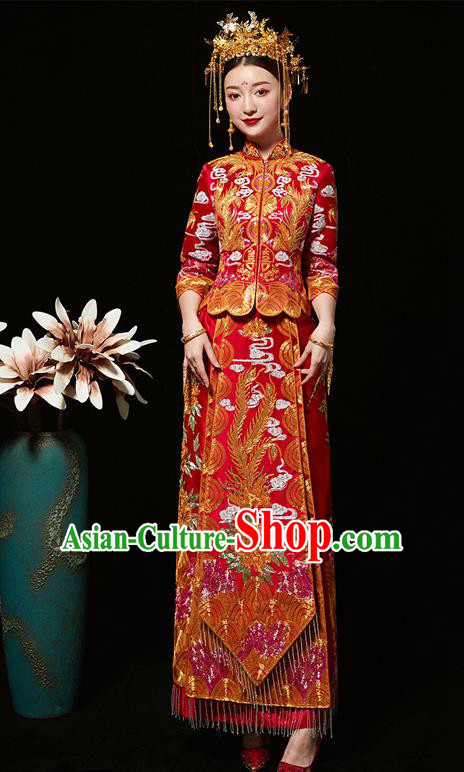 Chinese Ancient Bride Embroidered Phoenix Peony Red Costumes Diamante Xiu He Suit Wedding Blouse and Dress Traditional Bottom Drawer for Women