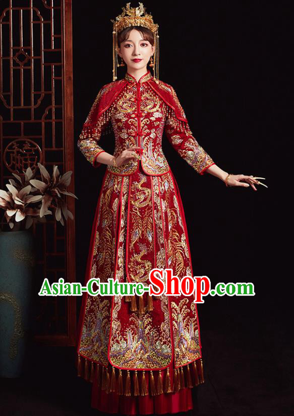 Chinese Ancient Bride Embroidered Dragon Red Costumes Diamante Xiu He Suit Wedding Blouse and Dress Traditional Bottom Drawer for Women
