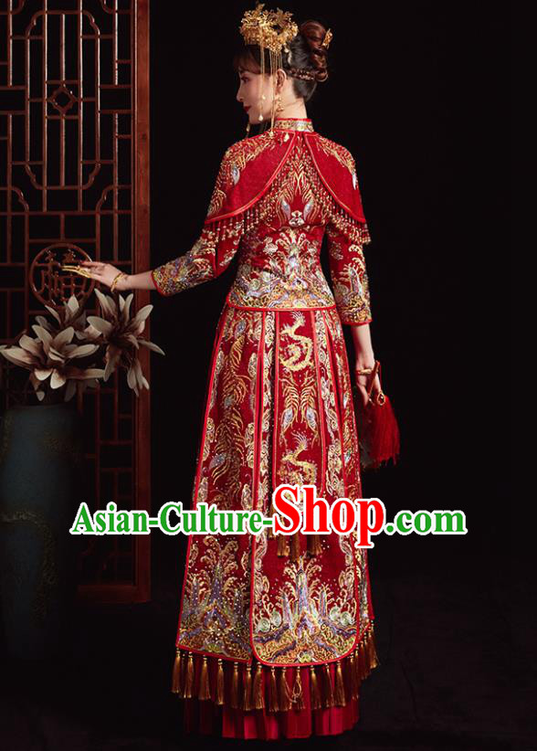 Chinese Ancient Bride Embroidered Dragon Red Costumes Diamante Xiu He Suit Wedding Blouse and Dress Traditional Bottom Drawer for Women