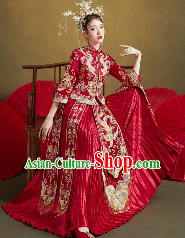 Chinese Traditional Ancient Bride Embroidered Costumes Drilling Phoenix Red Xiu He Suit Wedding Blouse and Dress Bottom Drawer for Women