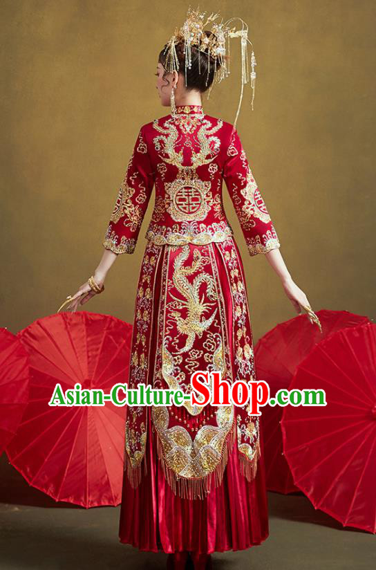 Chinese Traditional Ancient Bride Embroidered Costumes Drilling Phoenix Red Xiu He Suit Wedding Blouse and Dress Bottom Drawer for Women