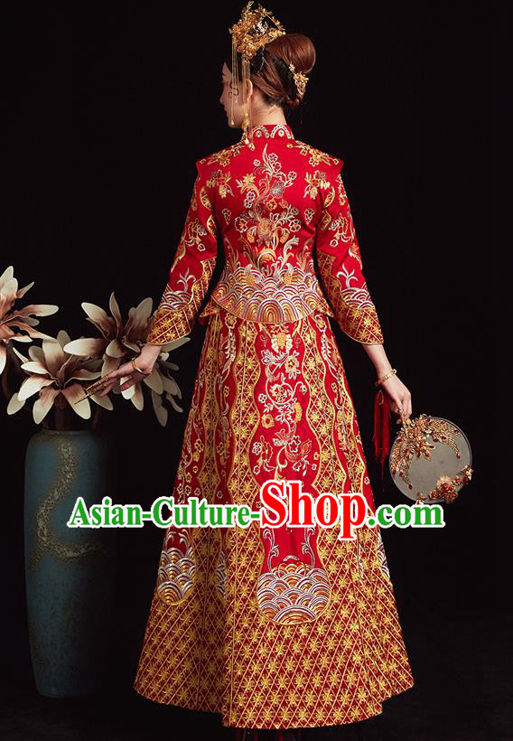 Chinese Ancient Bride Embroidered Phoenix Red Costumes Xiu He Suit Wedding Blouse and Dress Traditional Bottom Drawer for Women