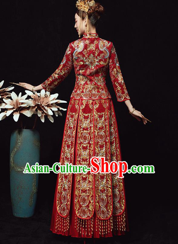 Chinese Ancient Bride Embroidered Diamante Phoenix Red Costumes Xiu He Suit Wedding Blouse and Dress Traditional Bottom Drawer for Women