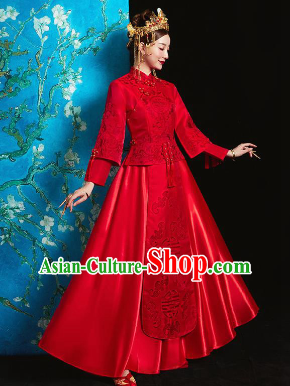 Chinese Ancient Bride Embroidered Red Costumes Xiu He Suit Wedding Blouse and Dress Traditional Bottom Drawer for Women