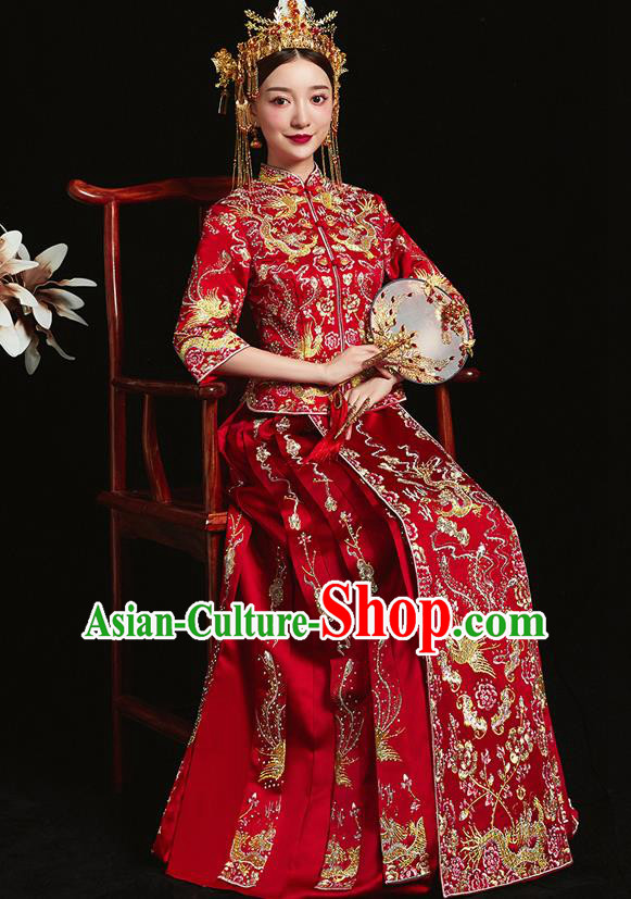 Chinese Ancient Bride Embroidered Dragon Phoenix Red Xiu He Suit Wedding Costumes Blouse and Dress Traditional Bottom Drawer for Women
