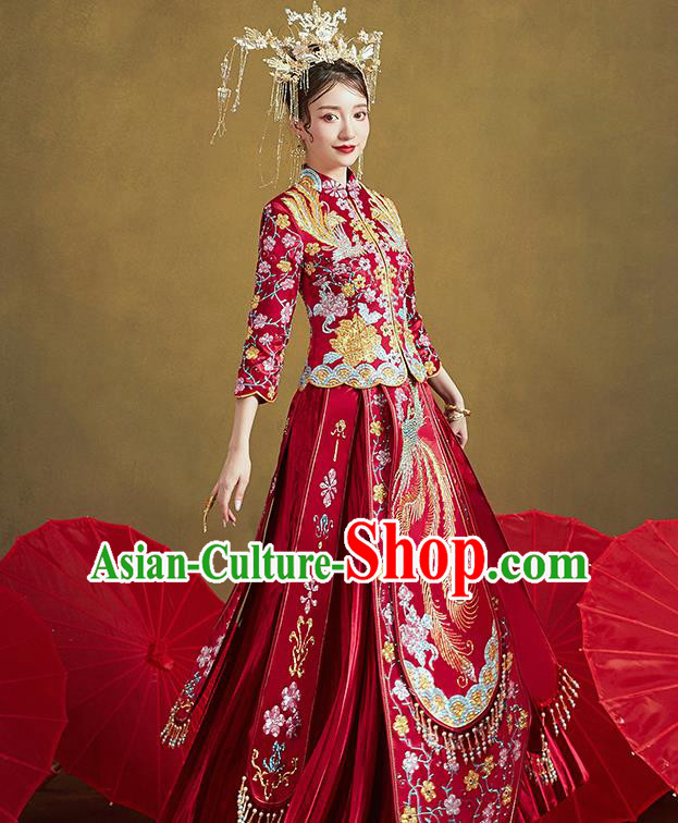 Chinese Traditional Ancient Bride Embroidered Costumes Drilling Phoenix Peony Red Xiu He Suit Wedding Blouse and Dress Bottom Drawer for Women