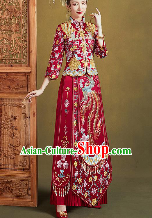 Chinese Traditional Ancient Bride Embroidered Costumes Drilling Phoenix Peony Red Xiu He Suit Wedding Blouse and Dress Bottom Drawer for Women