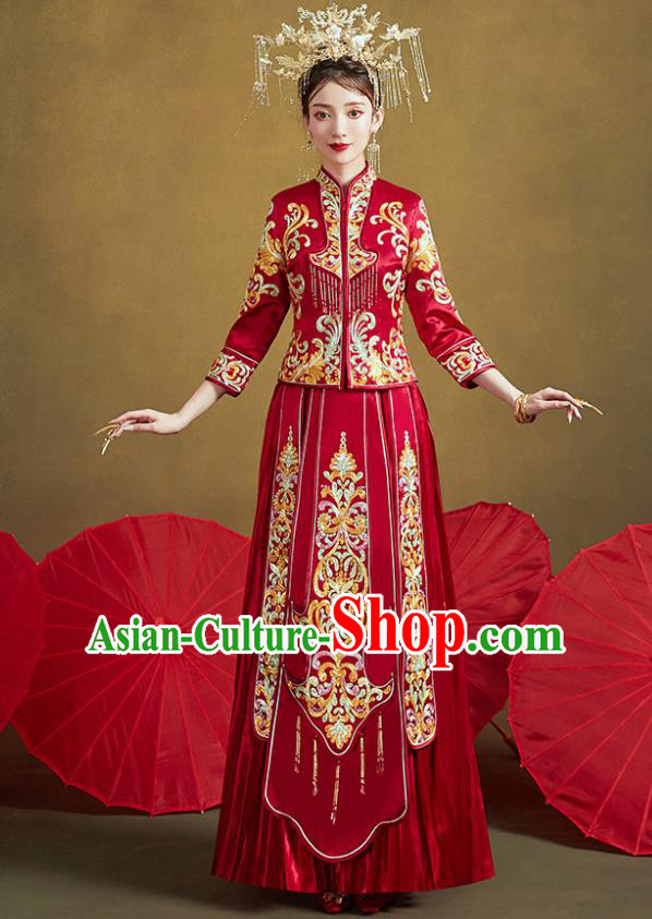Chinese Ancient Bride Embroidered Costumes Drilling Red Xiu He Suit Wedding Blouse and Dress Traditional Bottom Drawer for Women