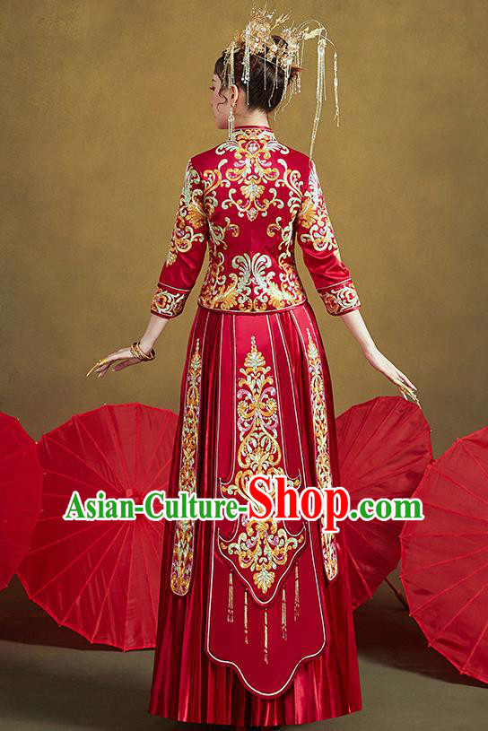 Chinese Ancient Bride Embroidered Costumes Drilling Red Xiu He Suit Wedding Blouse and Dress Traditional Bottom Drawer for Women