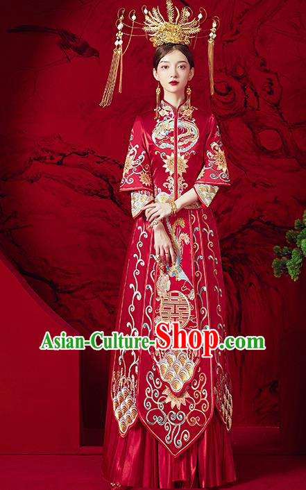 Chinese Ancient Embroidered Phoenix Lotus Blouse and Dress Traditional Bride Red Xiu He Suit Wedding Costumes for Women