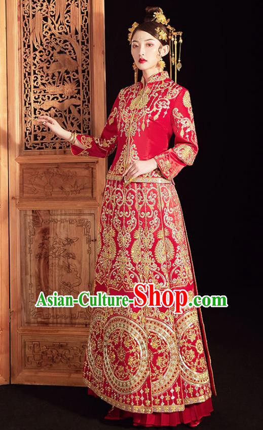Chinese Ancient Embroidered Drilling Blouse and Dress Traditional Bride Red Xiu He Suit Wedding Costumes for Women