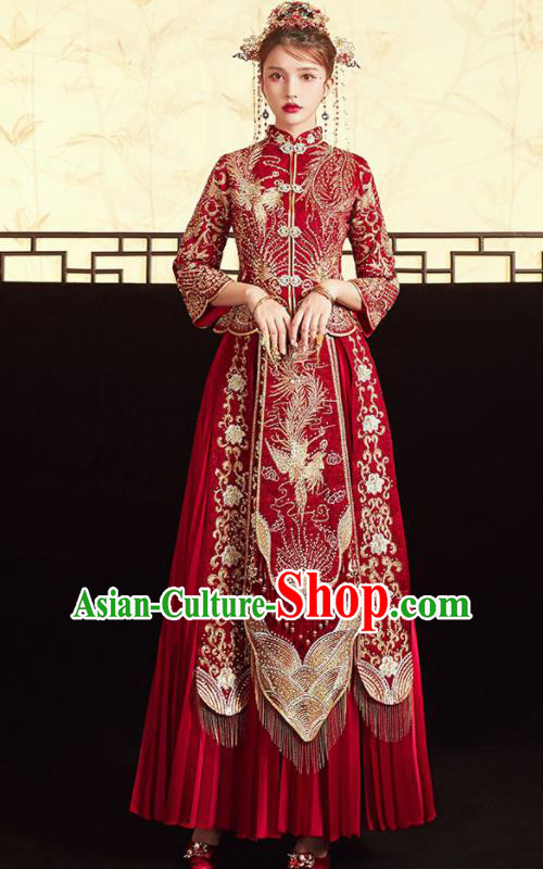 Chinese Ancient Embroidered Phoenix Drilling Blouse and Dress Traditional Bride Red Xiu He Suit Wedding Costumes for Women