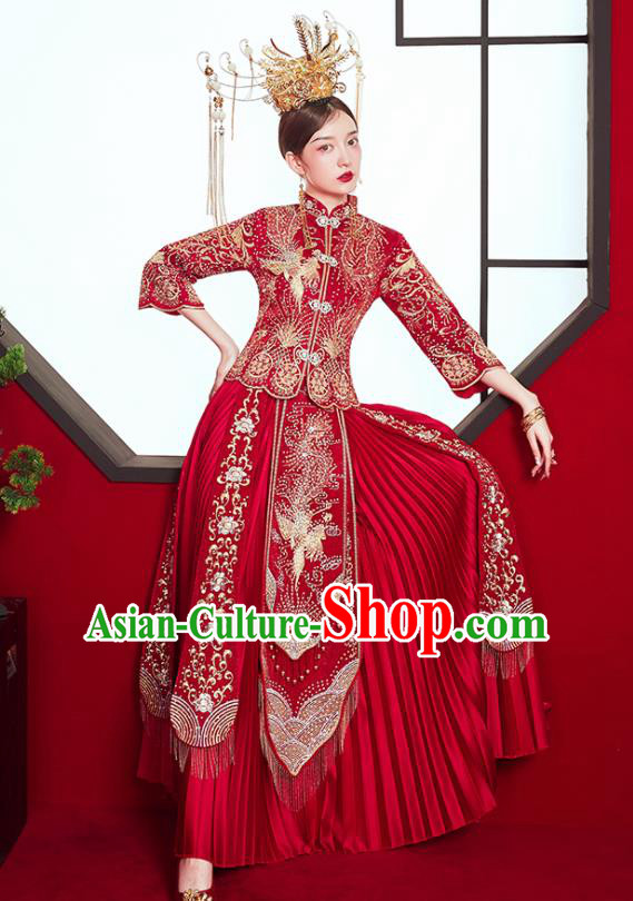 Chinese Ancient Embroidered Phoenix Blouse and Dress Traditional Bride Red Drilling Xiu He Suit Wedding Costumes for Women