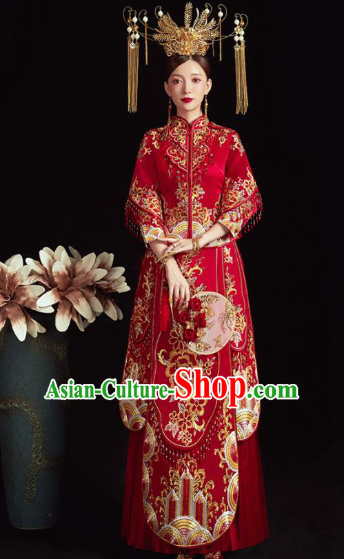 Chinese Ancient Embroidered Peony Flowers Red Blouse and Dress Traditional Bride Xiu He Suit Wedding Costumes for Women