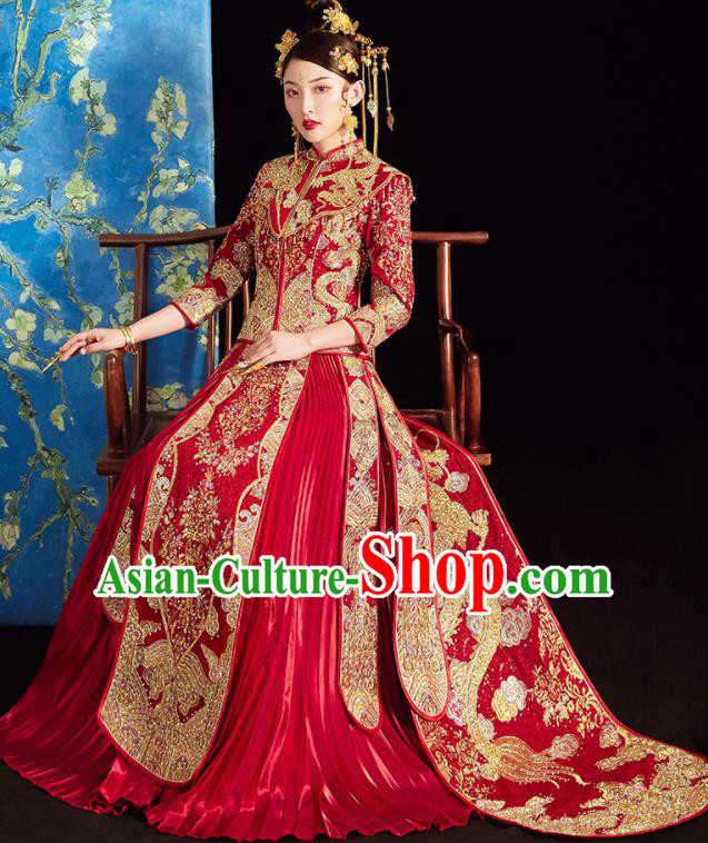 Chinese Ancient Embroidered Drilling Dragon Drilling Blouse and Dress Traditional Bride Xiu He Suit Wedding Costumes for Women