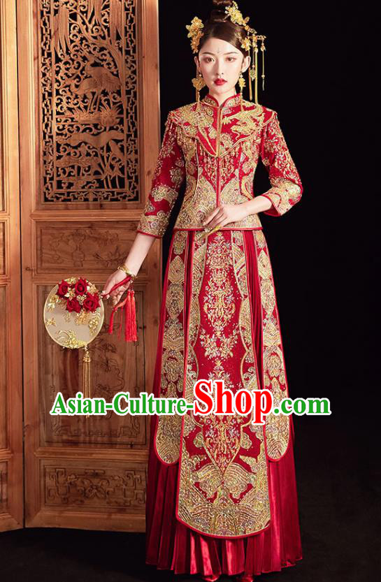 Chinese Ancient Embroidered Drilling White Blouse and Dress Traditional Bride Xiu He Suit Wedding Costumes for Women