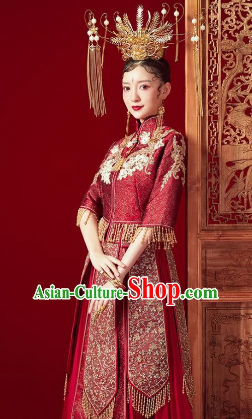 Chinese Ancient Embroidered Drilling Blouse and Dress Traditional Bride Xiu He Suit Wedding Costumes for Women