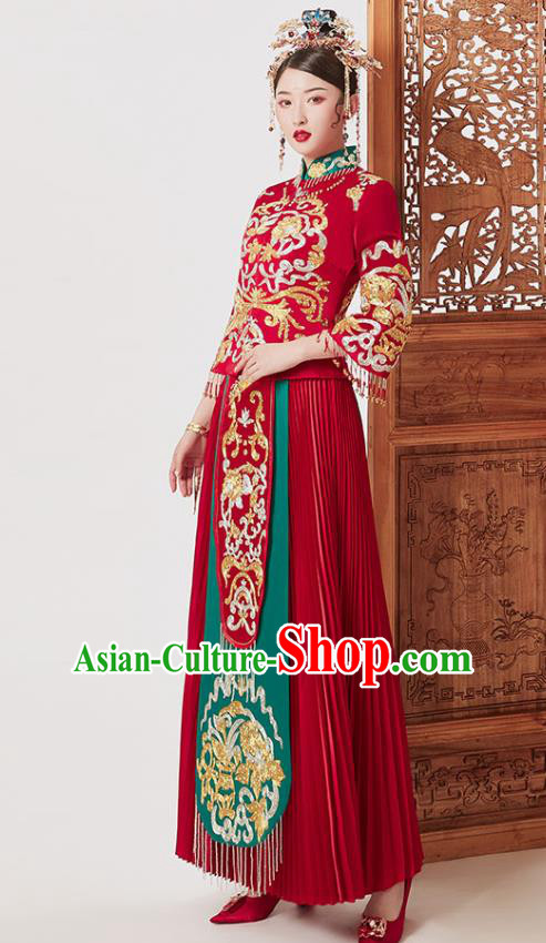 Chinese Ancient Embroidered Blouse and Dress Traditional Bride Drilling Xiu He Suit Wedding Costumes for Women