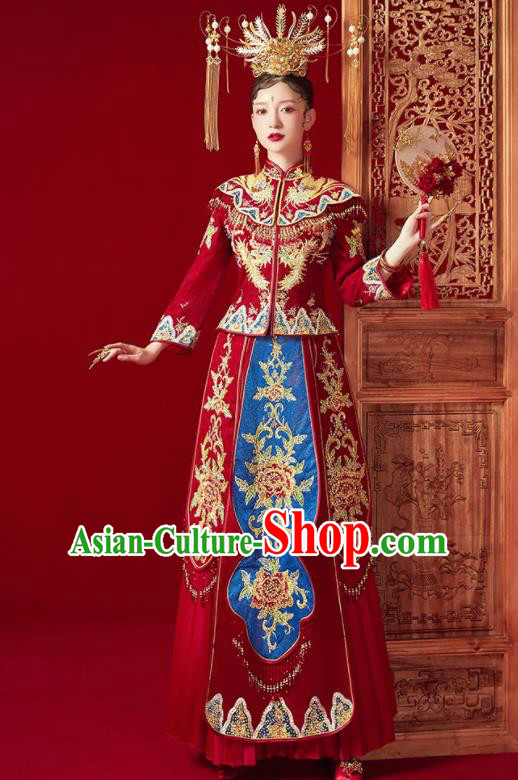 Chinese Ancient Embroidered Phoenix Drilling Peony Blouse and Dress Traditional Bride Xiu He Suit Wedding Costumes for Women