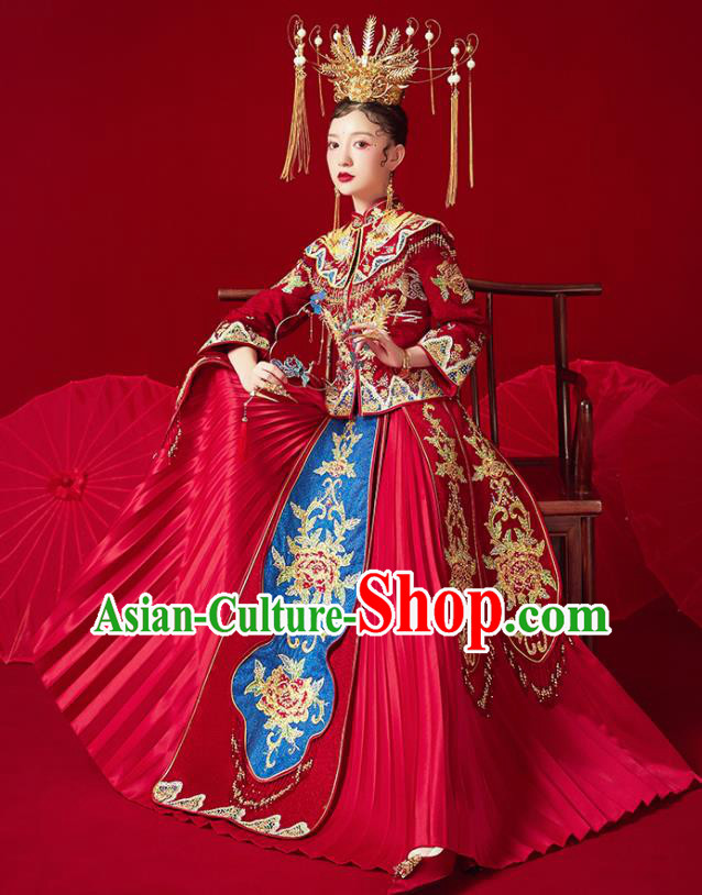 Chinese Ancient Embroidered Phoenix Drilling Peony Blouse and Dress Traditional Bride Xiu He Suit Wedding Costumes for Women
