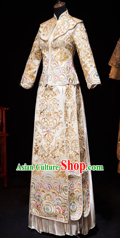 Chinese Ancient Embroidered Drilling Light Golden Blouse and Dress Traditional Bride Xiu He Suit Wedding Costumes for Women