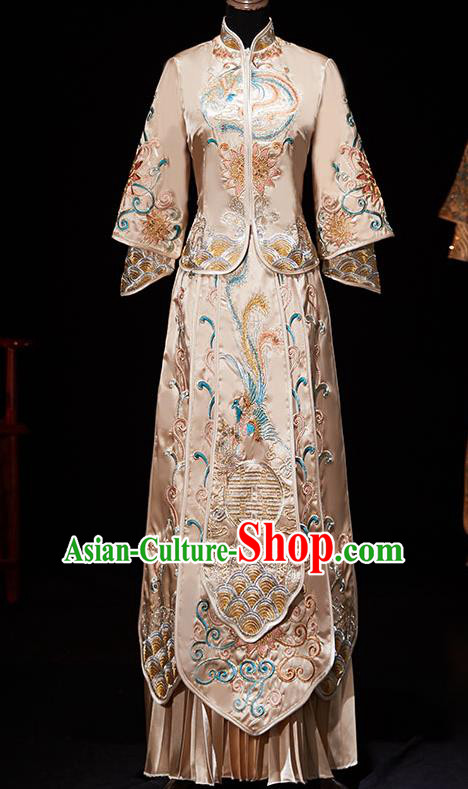 Chinese Ancient Embroidered Champagne Blouse and Dress Traditional Bride Xiu He Suit Wedding Costumes for Women