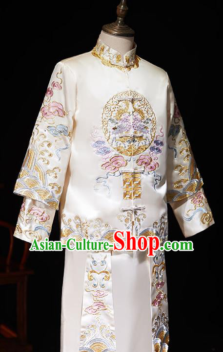 Chinese Ancient Bridegroom Embroidered Peony White Mandarin Jacket and Gown Traditional Wedding Tang Suit Costumes for Men
