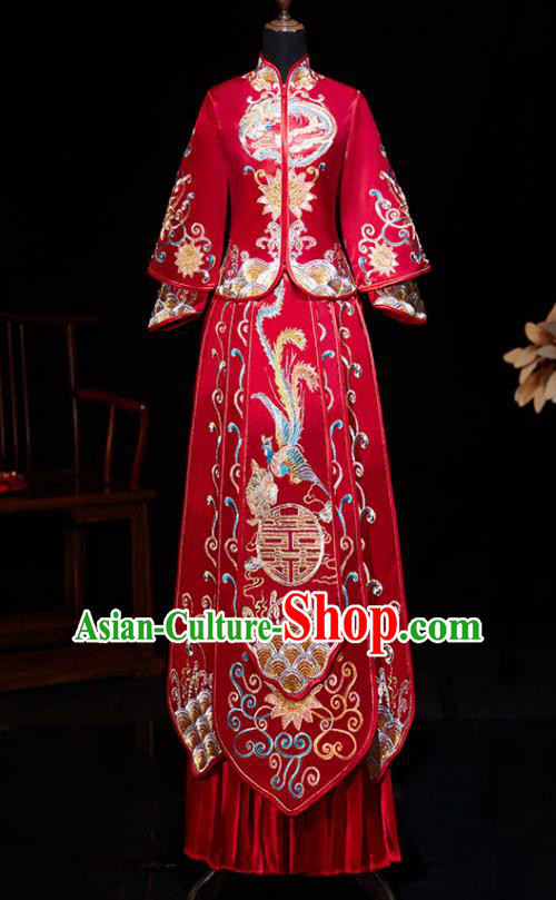 Chinese Ancient Embroidered Phoenix Lotus Red Blouse and Dress Traditional Bride Xiu He Suit Wedding Costumes for Women