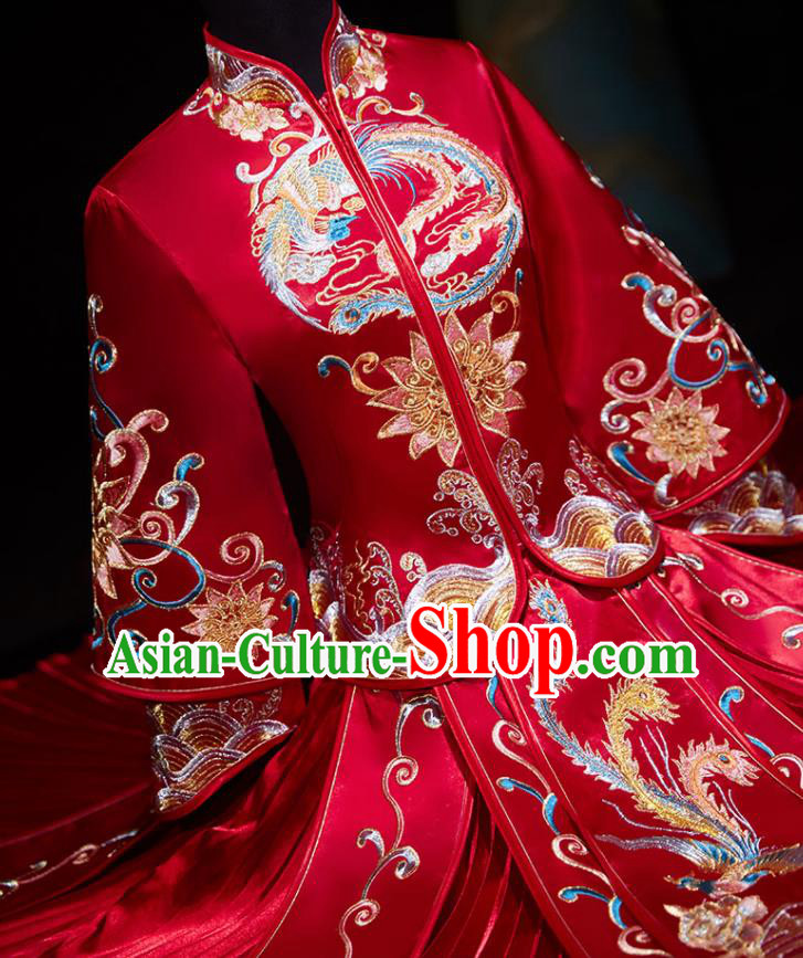 Chinese Ancient Embroidered Phoenix Lotus Red Blouse and Dress Traditional Bride Xiu He Suit Wedding Costumes for Women