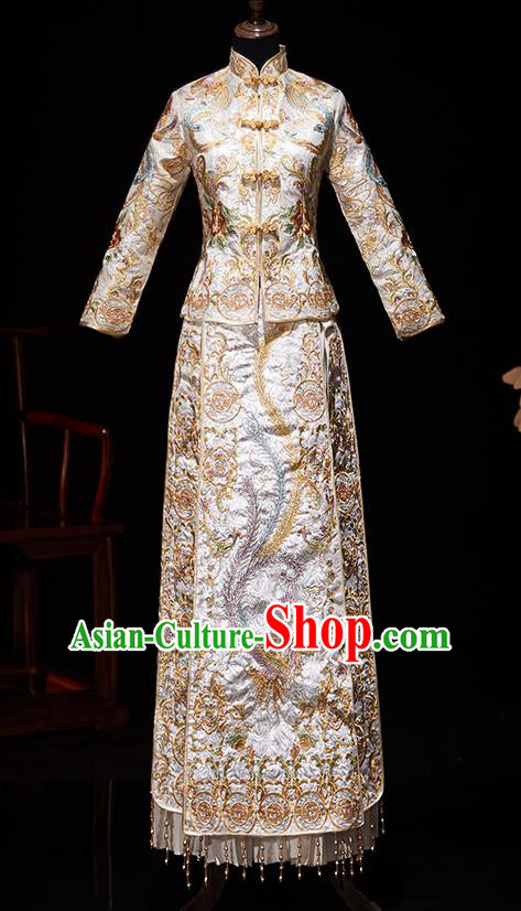 Chinese Ancient Wedding Embroidered Phoenix Champagne Blouse and Dress Traditional Bride Xiu He Suit Costumes for Women