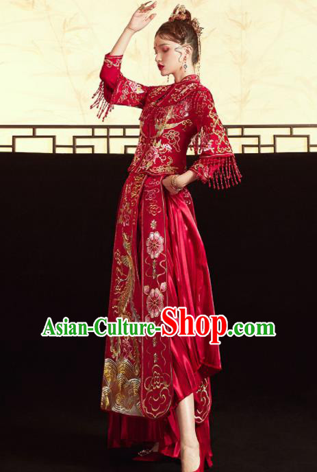 Chinese Ancient Embroidered Phoenix Peony Blouse and Dress Traditional Bride Red Xiu He Suit Wedding Costumes for Women
