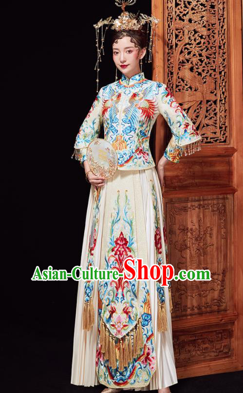 Chinese Ancient Wedding Embroidered Red Flowers Blouse and Dress Traditional Bride Xiu He Suit Costumes for Women
